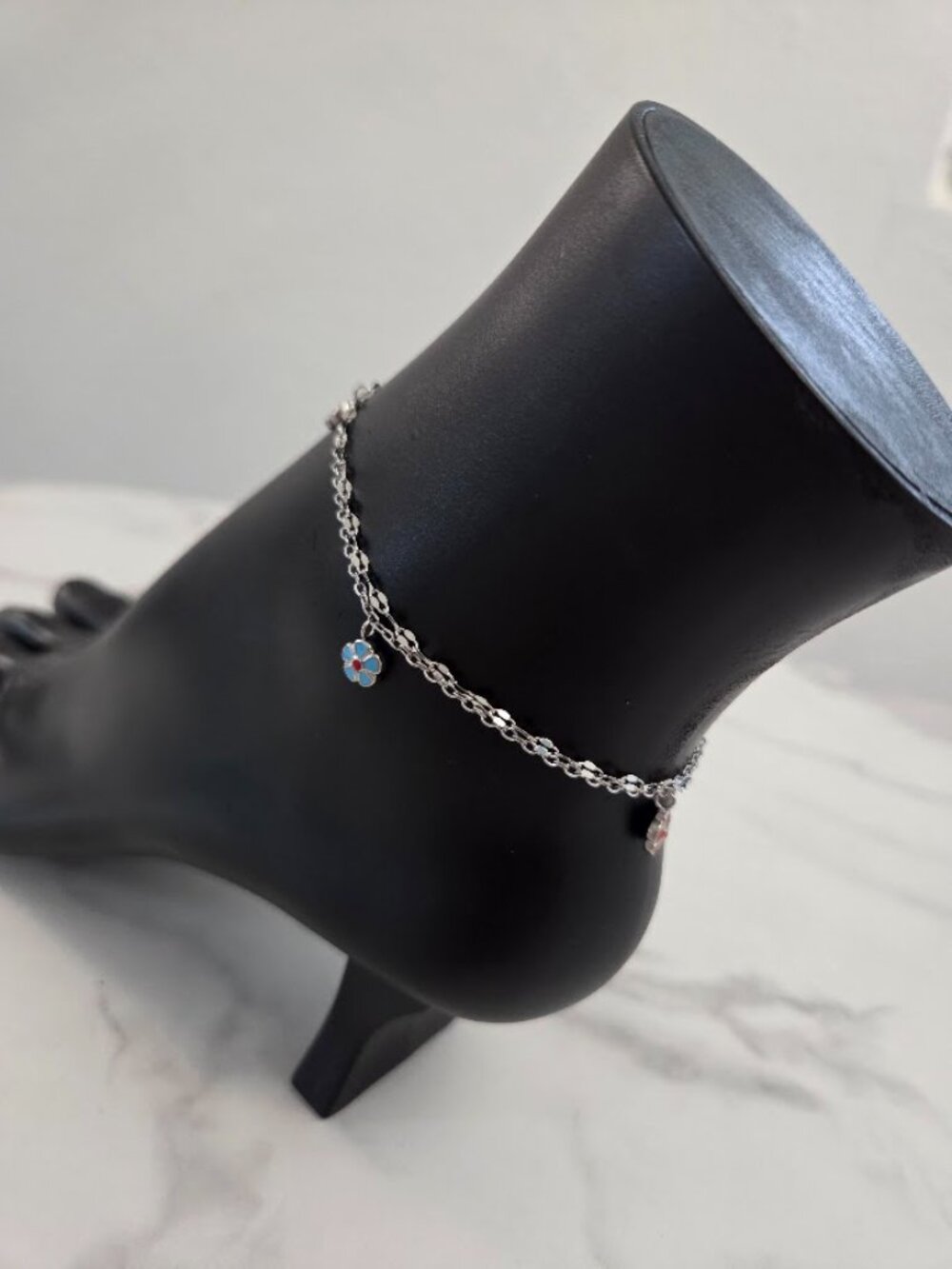 Boho Silver Double Chain Flower Anklet Pink Blue - Picture 5 of 16